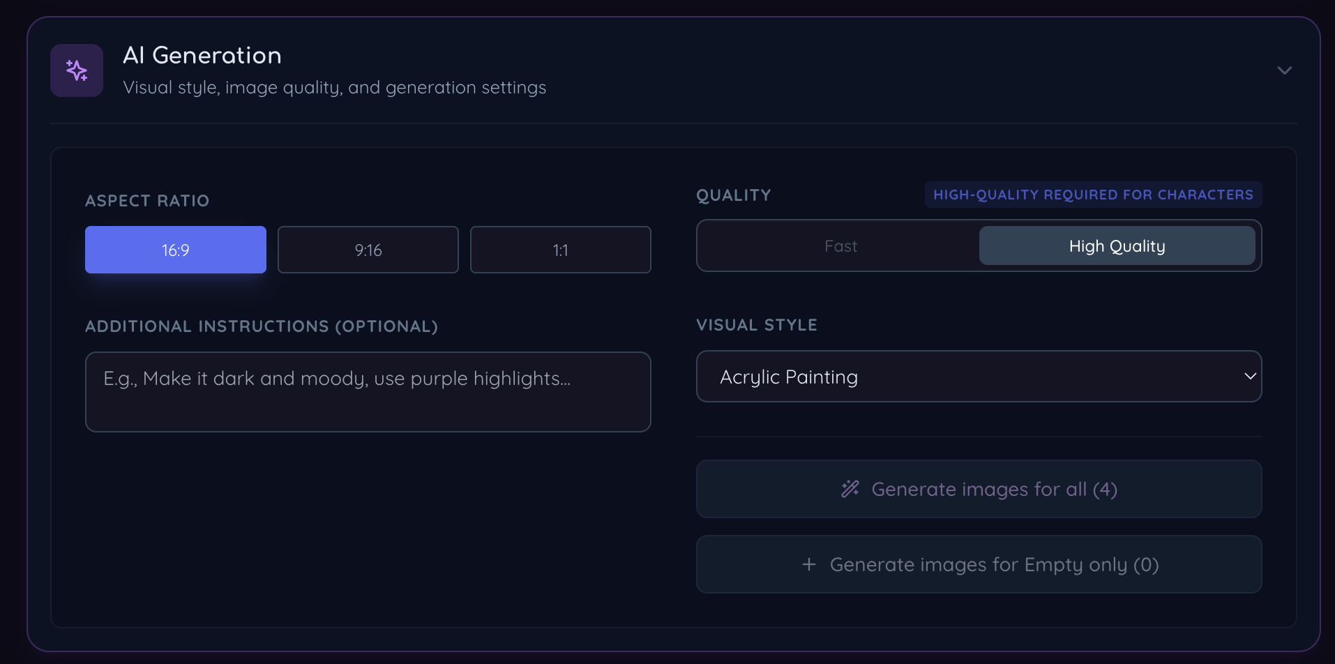 Sonicdue AI generation controls for style, aspect ratio, and quality