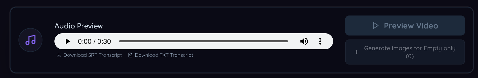 Sonicdue audio preview with transcript download options