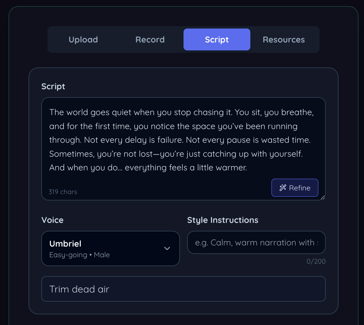 Sonicdue script mode with script box, voice picker, and style instructions