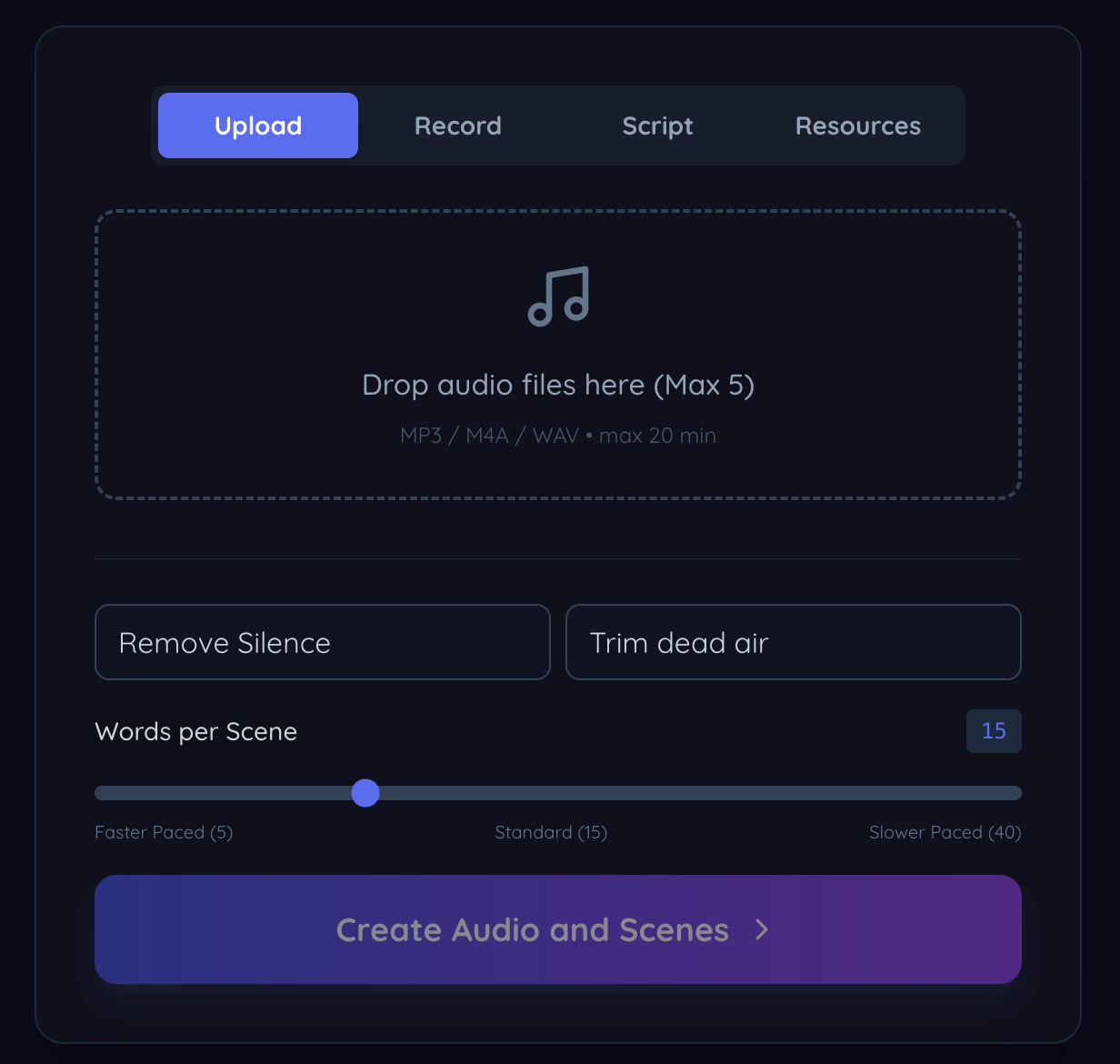 Sonicdue upload mode with audio upload, silence controls, and words-per-scene settings