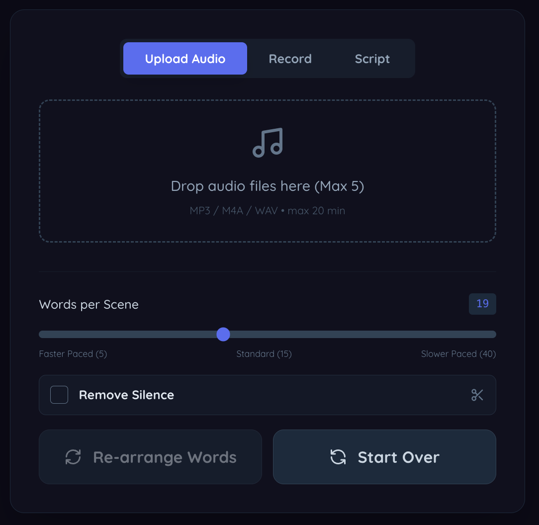 Sonicdue input modes with Upload, Record, and Script tabs
